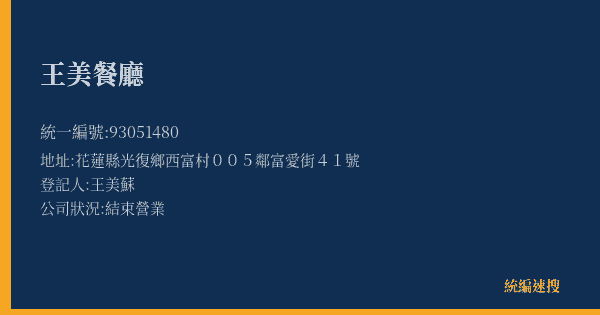 王美餐廳的照片-統編 93051480(花蓮縣) 公司登記資料與營業項目詳細圖表