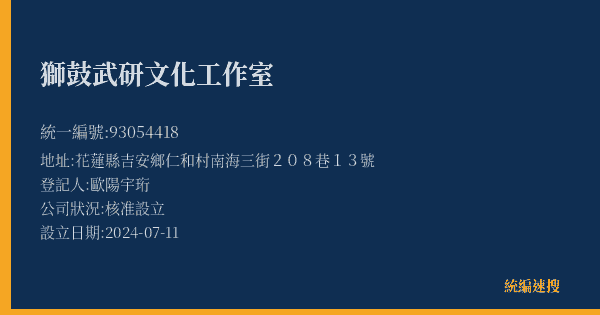 獅鼓武研文化工作室的照片-統編 93054418(花蓮縣) 公司登記資料與營業項目詳細圖表