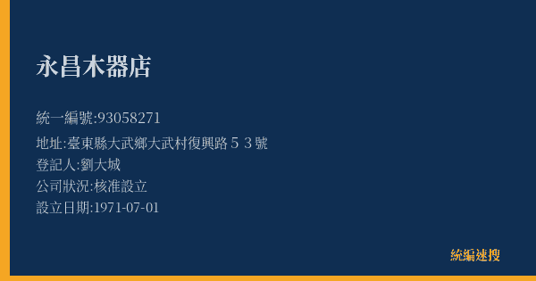 永昌木器店的照片-統編 93058271(臺東縣) 公司登記資料與營業項目詳細圖表