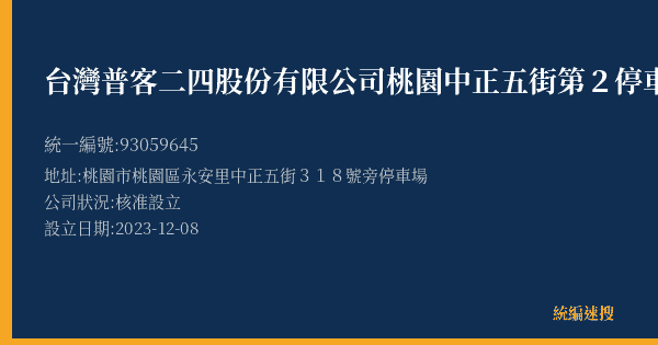 台灣普客二四股份有限公司桃園中正五街第2停車場的照片-統編 93059645(桃園市) 公司登記資料與營業項目詳細圖表