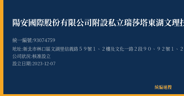 陽安國際股份有限公司附設私立瑞莎塔東湖文理技藝短期補習班的照片-統編 93074759(新北市) 公司登記資料與營業項目詳細圖表