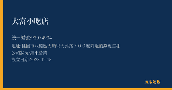 大富小吃店的照片-統編 93074934(桃園市) 公司登記資料與營業項目詳細圖表