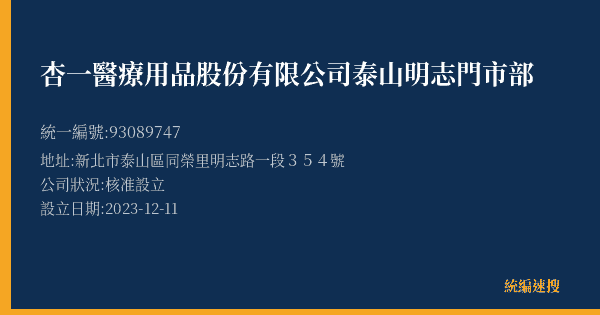 杏一醫療用品股份有限公司泰山明志門市部的照片-統編 93089747(新北市) 公司登記資料與營業項目詳細圖表