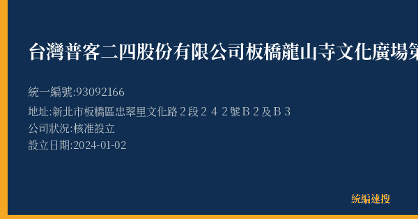 台灣普客二四股份有限公司板橋龍山寺文化廣場第2【月租】停車場的照片-統編 93092166(新北市) 公司登記資料與營業項目詳細圖表