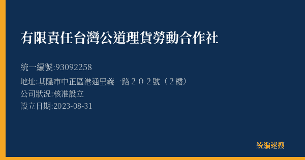 有限責任台灣公道理貨勞動合作社的照片-統編 93092258(基隆市) 公司登記資料與營業項目詳細圖表