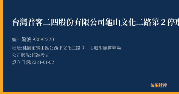 台灣普客二四股份有限公司龜山文化二路第2停車場的照片-統編 93092320(桃園市) 公司登記資料與營業項目詳細圖表