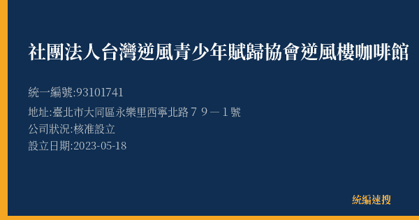 社團法人台灣逆風青少年賦歸協會逆風樓咖啡館的照片-統編 93101741(臺北市) 公司登記資料與營業項目詳細圖表
