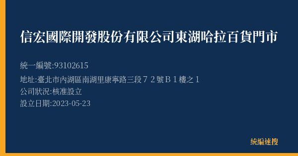 信宏國際開發股份有限公司東湖哈拉百貨門市的照片-統編 93102615(臺北市) 公司登記資料與營業項目詳細圖表