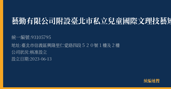 藝勤有限公司附設臺北市私立兒童國際文理技藝短期補習班的照片-統編 93105795(臺北市) 公司登記資料與營業項目詳細圖表