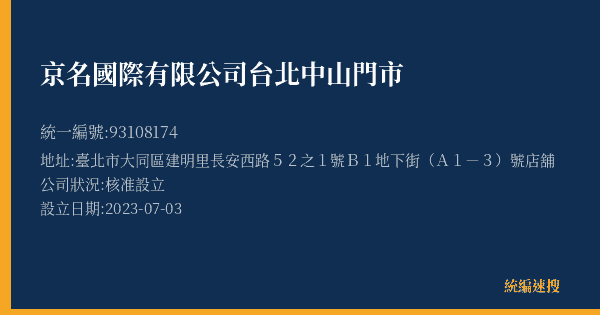 京名國際有限公司台北中山門市的照片-統編 93108174(臺北市) 公司登記資料與營業項目詳細圖表