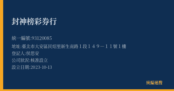 封神榜彩券行的照片-統編 93120085(臺北市) 公司登記資料與營業項目詳細圖表