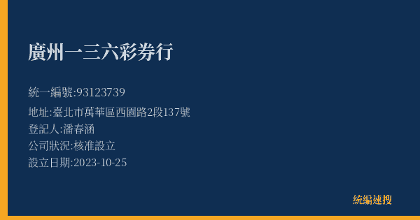 廣州一三六彩券行的照片-統編 93123739(臺北市) 公司登記資料與營業項目詳細圖表