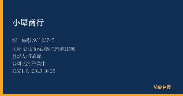 小屋商行的照片-統編 93123745(臺北市) 公司登記資料與營業項目詳細圖表