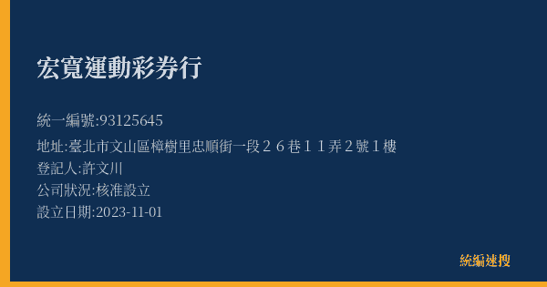 宏寬運動彩券行的照片-統編 93125645(臺北市) 公司登記資料與營業項目詳細圖表