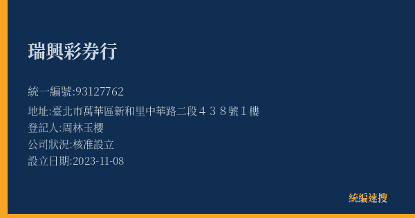 瑞興彩券行的照片-統編 93127762(臺北市) 公司登記資料與營業項目詳細圖表