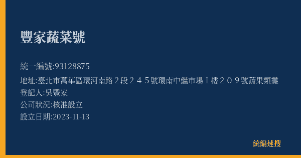 豐家蔬菜號的照片-統編 93128875(臺北市) 公司登記資料與營業項目詳細圖表