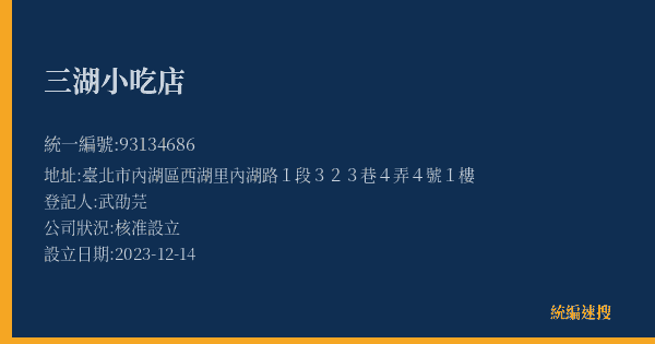 三湖小吃店的照片-統編 93134686(臺北市) 公司登記資料與營業項目詳細圖表