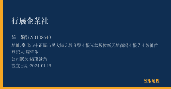 行展企業社的照片-統編 93138640(臺北市) 公司登記資料與營業項目詳細圖表
