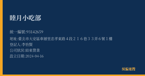 睦月小吃部的照片-統編 93142659(臺北市) 公司登記資料與營業項目詳細圖表