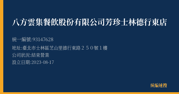 八方雲集餐飲股份有限公司芳珍士林德行東店的照片-統編 93147628(臺北市) 公司登記資料與營業項目詳細圖表