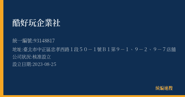 酷好玩企業社的照片-統編 93148817(臺北市) 公司登記資料與營業項目詳細圖表