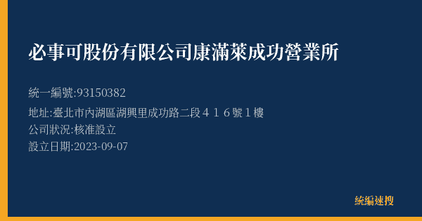 必事可股份有限公司康滿萊成功營業所的照片-統編 93150382(臺北市) 公司登記資料與營業項目詳細圖表