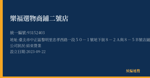 樂福選物商鋪二號店的照片-統編 93152403(臺北市) 公司登記資料與營業項目詳細圖表
