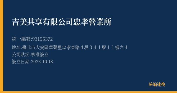 吉美共享有限公司忠孝營業所的照片-統編 93155372(臺北市) 公司登記資料與營業項目詳細圖表