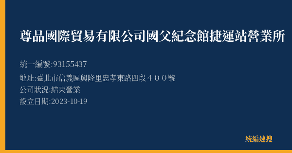 尊品國際貿易有限公司國父紀念館捷運站營業所的照片-統編 93155437(臺北市) 公司登記資料與營業項目詳細圖表