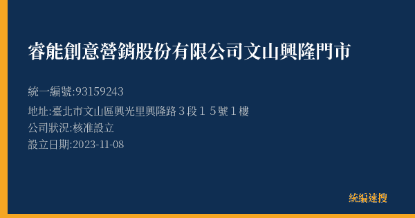 睿能創意營銷股份有限公司文山興隆門市的照片-統編 93159243(臺北市) 公司登記資料與營業項目詳細圖表