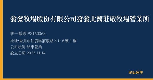 發發牧場股份有限公司發發北醫莊敬牧場營業所的照片-統編 93160065(臺北市) 公司登記資料與營業項目詳細圖表