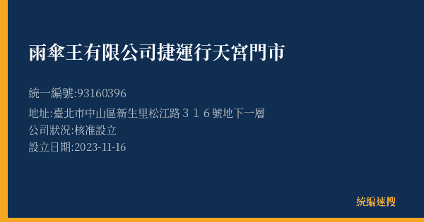 雨傘王有限公司捷運行天宮門市的照片-統編 93160396(臺北市) 公司登記資料與營業項目詳細圖表