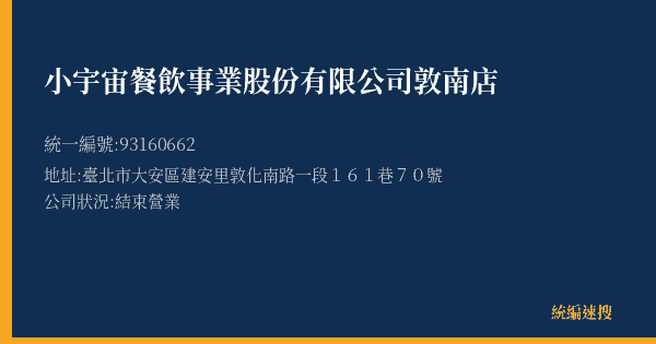 小宇宙餐飲事業股份有限公司敦南店的照片-統編 93160662(臺北市) 公司登記資料與營業項目詳細圖表