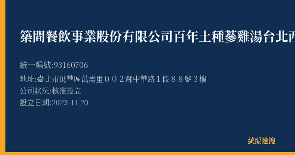 築間餐飲事業股份有限公司百年土種蔘雞湯台北西門町營業所的照片-統編 93160706(臺北市) 公司登記資料與營業項目詳細圖表