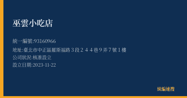 巫雲小吃店的照片-統編 93160966(臺北市) 公司登記資料與營業項目詳細圖表