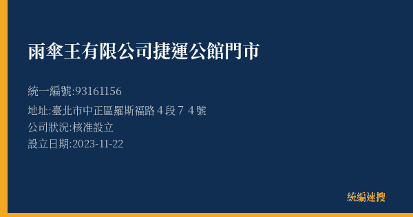 雨傘王有限公司捷運公館門市的照片-統編 93161156(臺北市) 公司登記資料與營業項目詳細圖表