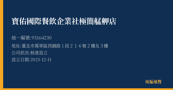 寶佑國際餐飲企業社極簡艋舺店的照片-統編 93164230(臺北市) 公司登記資料與營業項目詳細圖表