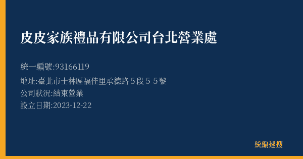 皮皮家族禮品有限公司台北營業處的照片-統編 93166119(臺北市) 公司登記資料與營業項目詳細圖表