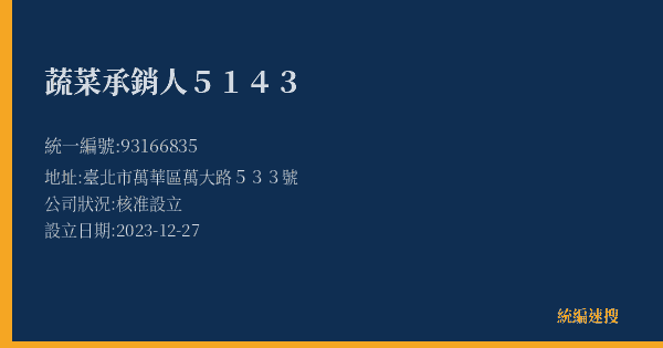 蔬菜承銷人5143的照片-統編 93166835(臺北市) 公司登記資料與營業項目詳細圖表