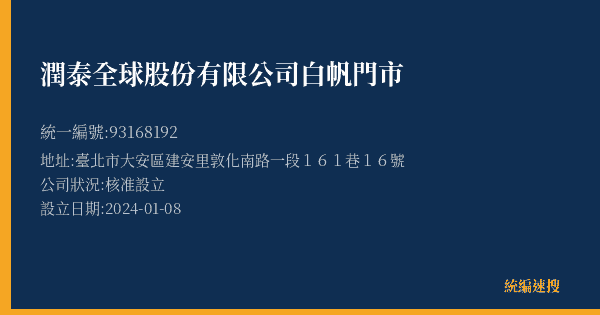 潤泰全球股份有限公司白帆門市的照片-統編 93168192(臺北市) 公司登記資料與營業項目詳細圖表