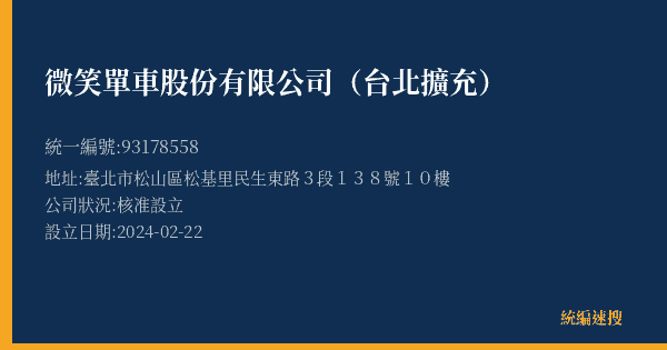 微笑單車股份有限公司(台北擴充)的照片-統編 93178558(臺北市) 公司登記資料與營業項目詳細圖表
