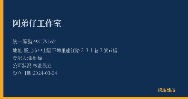 阿弟仔工作室的照片-統編 93179162(臺北市) 公司登記資料與營業項目詳細圖表