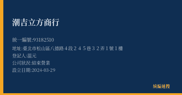 潮吉立方商行的照片-統編 93182510(臺北市) 公司登記資料與營業項目詳細圖表