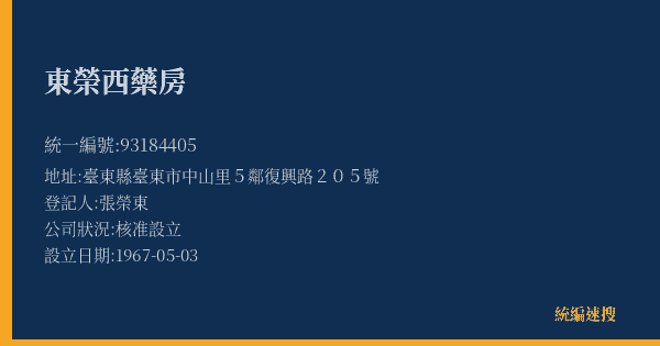 東榮西藥房的照片-統編 93184405(臺東縣) 公司登記資料與營業項目詳細圖表