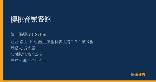 櫻桃音樂餐館的照片-統編 93187156(臺北市) 公司登記資料與營業項目詳細圖表