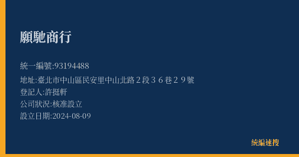 願馳商行的照片-統編 93194488(臺北市) 公司登記資料與營業項目詳細圖表