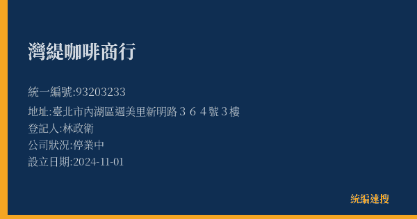 灣緹咖啡商行的照片-統編 93203233(臺北市) 公司登記資料與營業項目詳細圖表