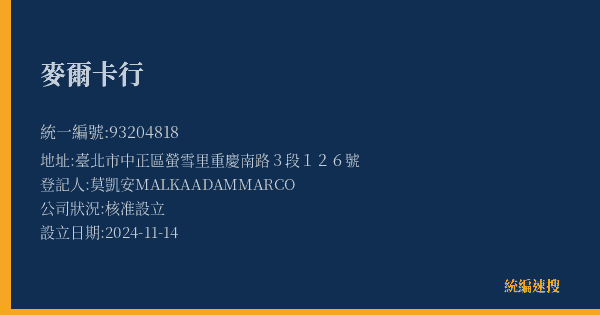 麥爾卡行的照片-統編 93204818(臺北市) 公司登記資料與營業項目詳細圖表