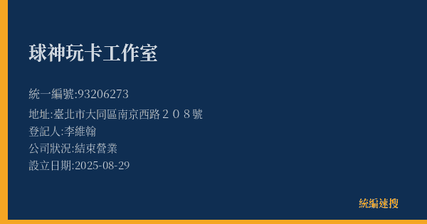 球神玩卡工作室的照片-統編 93206273(臺北市) 公司登記資料與營業項目詳細圖表