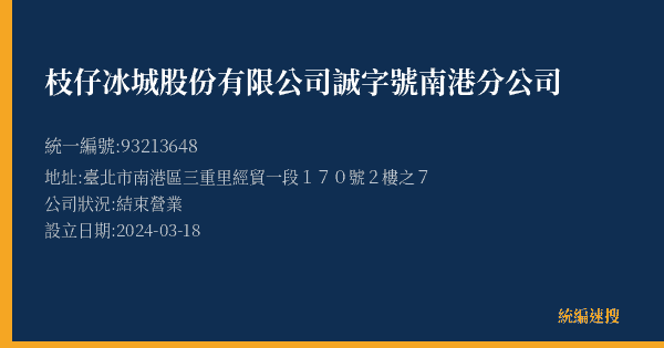 枝仔冰城股份有限公司誠字號南港分公司的照片-統編 93213648(臺北市) 公司登記資料與營業項目詳細圖表